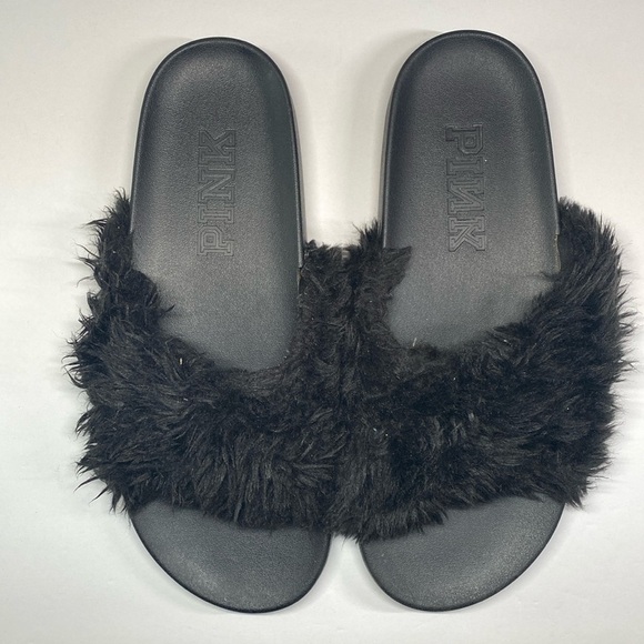 Victoria Secret PINK furry open toe sandal slides 9 - Picture 1 of 4